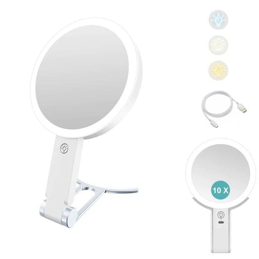 White LED makeup mirror with round magnifying glass and folding stand, front view.