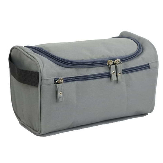 Gray waterproof toiletry bag with handle, three zip compartments and side pocket