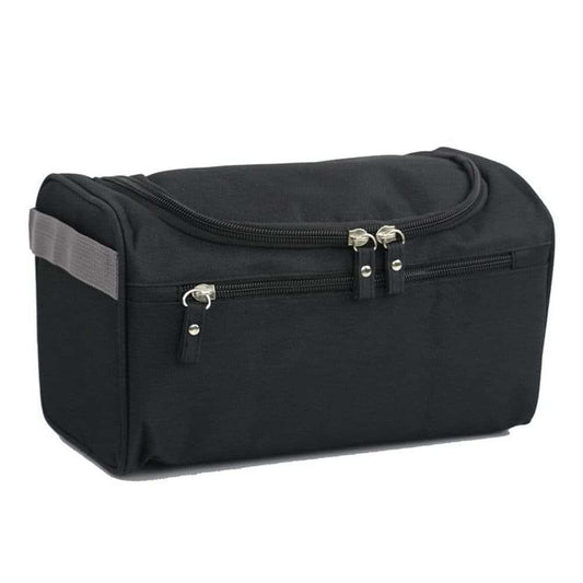 Black waterproof toiletry bag with 3 zip compartments and carry handle
