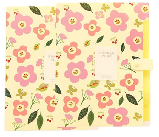 Floral A4 document folder cover, pink blossoms and leaves with snap closure