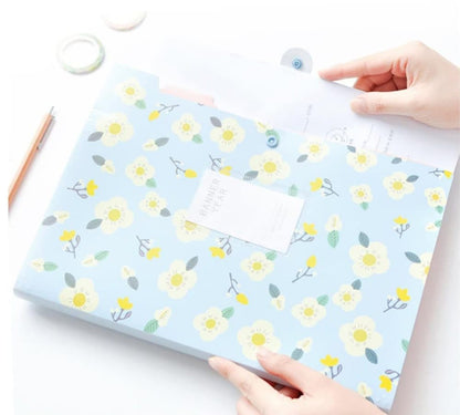 8 Compartments A4 Document Folder Waterproof Floral Pattern, with A4 Size, Yellow