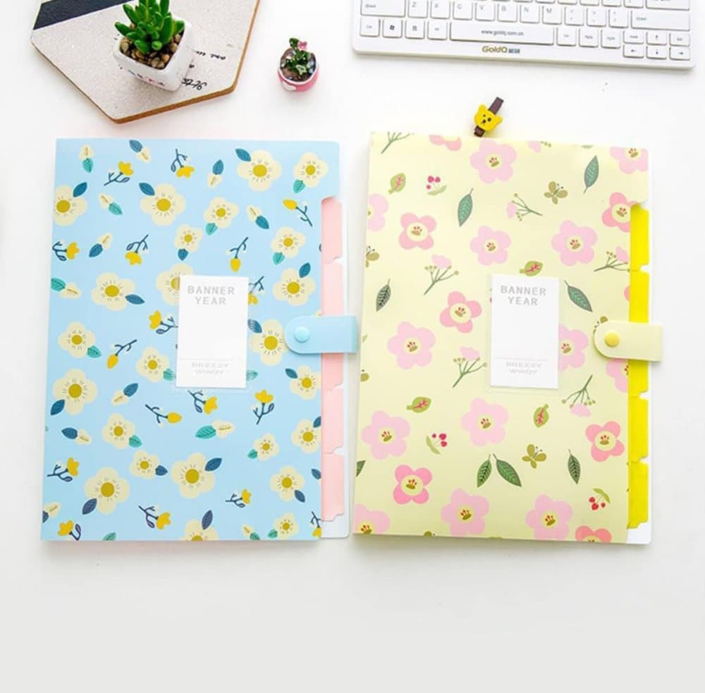8 Compartments A4 Document Folder Waterproof Floral Pattern, with A4 Size, Yellow