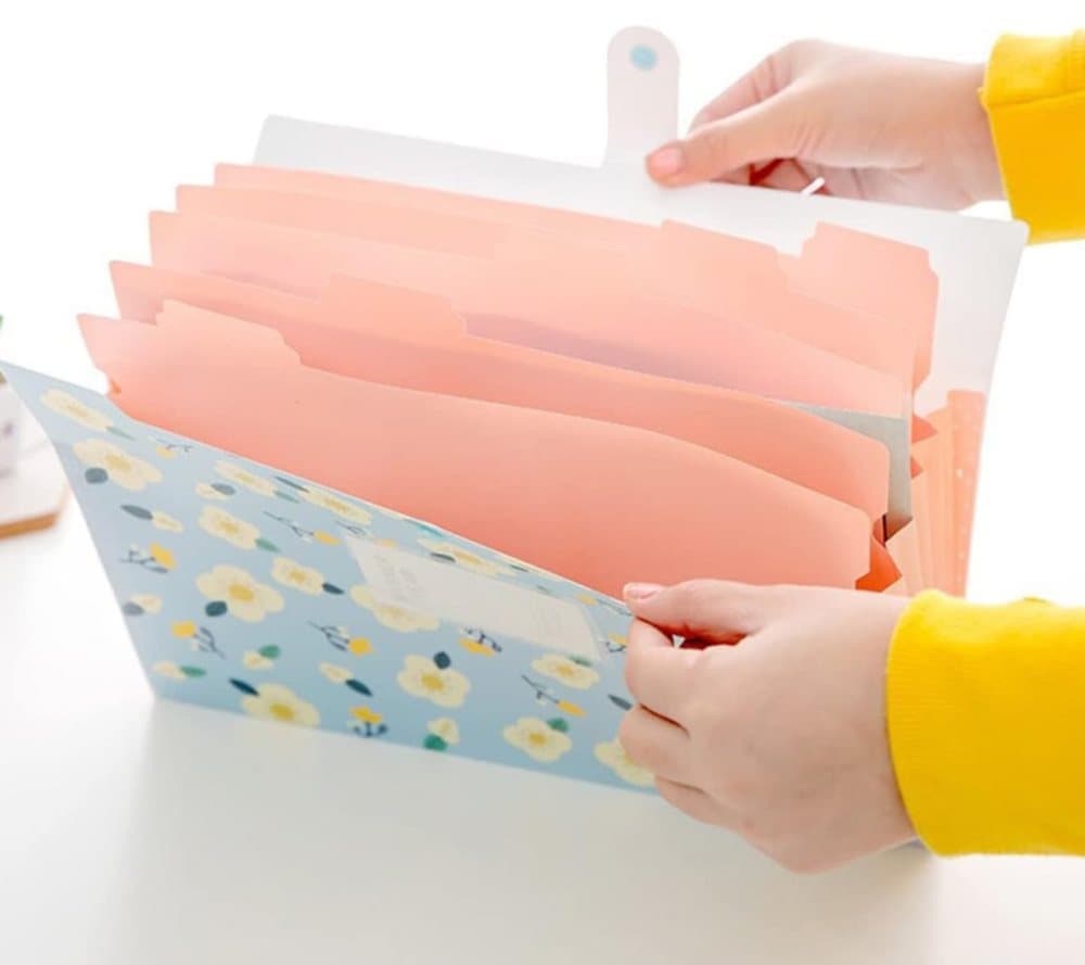 8 Compartments A4 Document Folder Waterproof Floral Pattern, Blue, with A4 Size