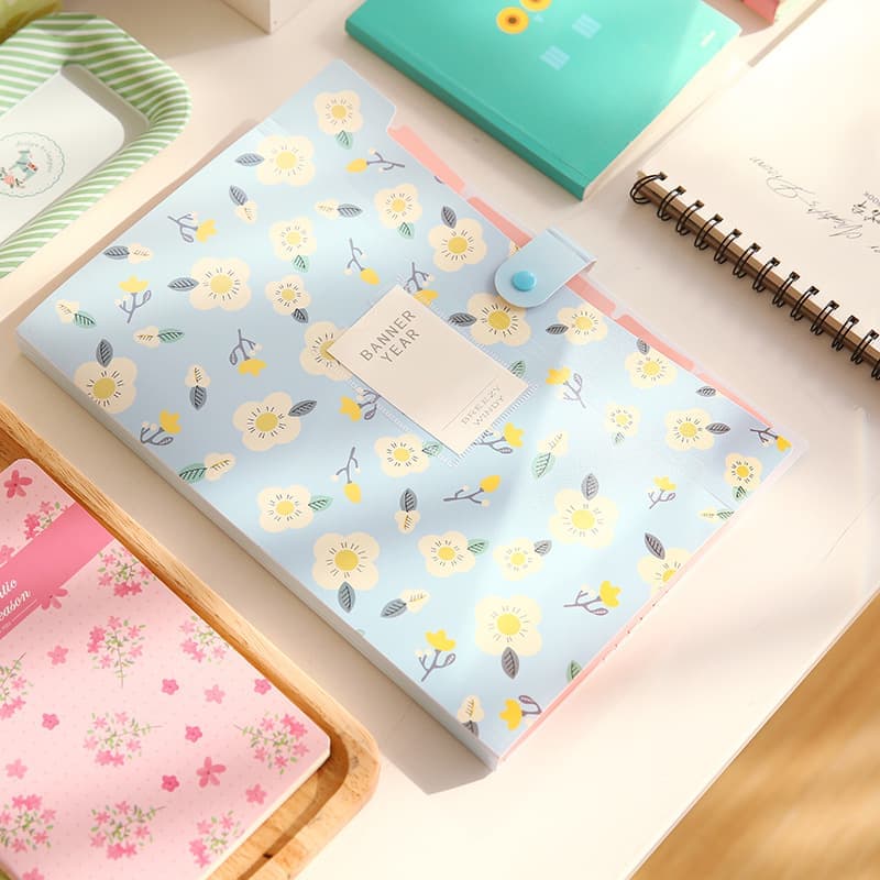8 Compartments A4 Document Folder Waterproof Floral Pattern, Blue, with A4 Size