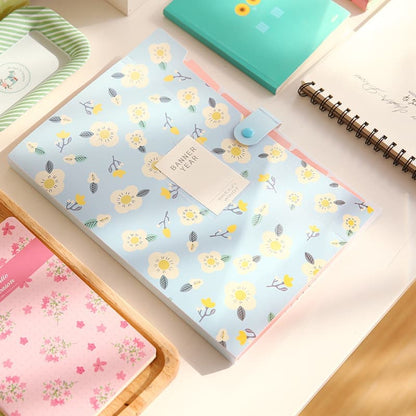 8 Compartments A4 Document Folder Waterproof Floral Pattern, Blue, with A4 Size