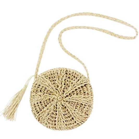 Round straw beach bag with long woven strap and fringe tassel, beige