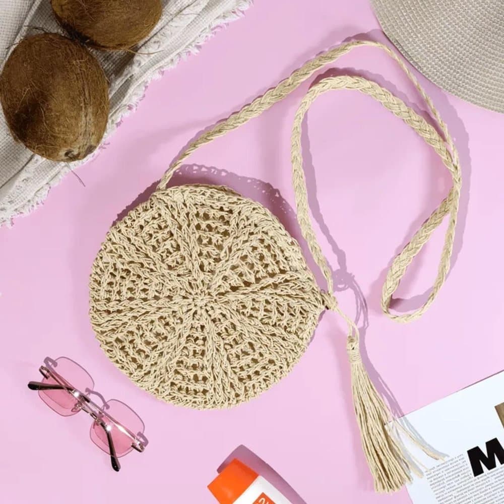 Retro style round straw beach bag, white, perfect for summer