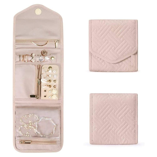 Light pink travel jewelry organizer pouch with compartments and clear pockets