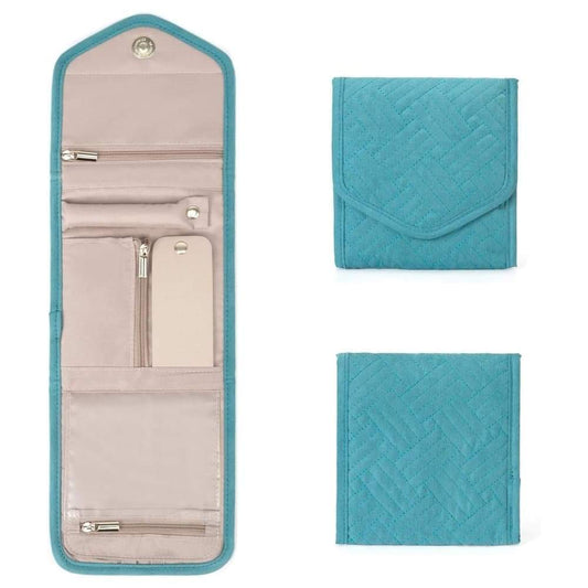 Teal compact jewelry storage bag with zippered front and quilted exterior, flat folded view
