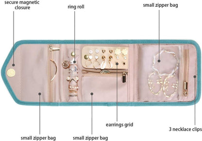 Green Travel Jewelry Box with Compartments, Compact Portable Jewelry Storage Bag, 15cm