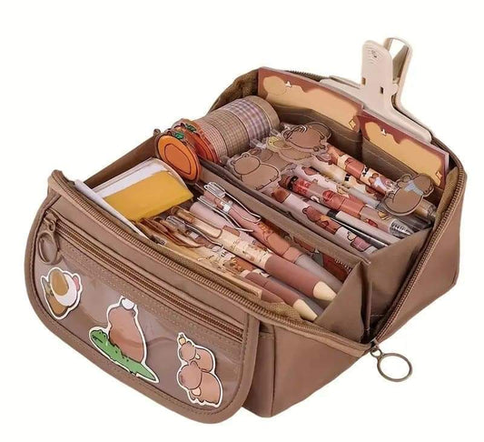 Brown zipper pencil case with cute animal patches, open organizer for pens and pencils