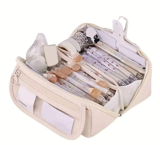 Open pencil case with zipper and elastic loops, beige outer fabric and organizer tabs