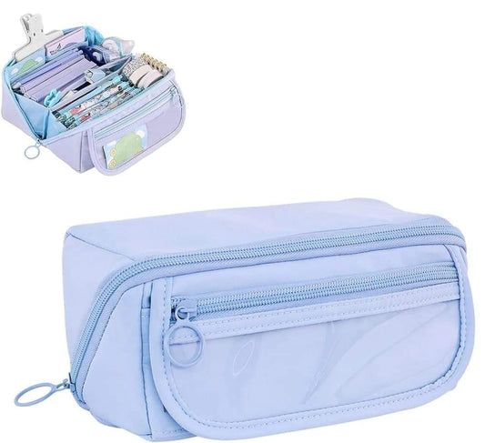 Light blue waterproof pencil case with zipper, rectangular double-compartment design