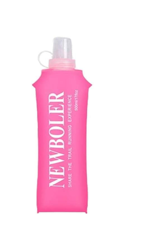 Foldable water bottle with screw cap, dark pink, NEWBOLER branding and spout