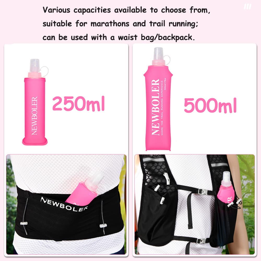 150ml 250ml 500ml Foldable Water Bottle BPA-Free Soft Bottle for Marathons Camping Hiking, 500ML, Dark Pink