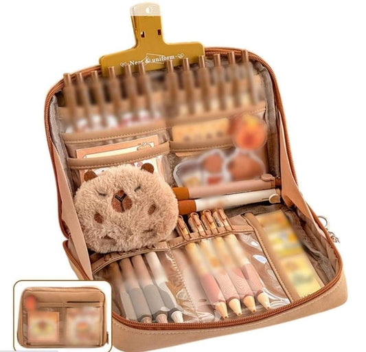 Brown zipper pencil case open with elastic pen slots and internal compartments