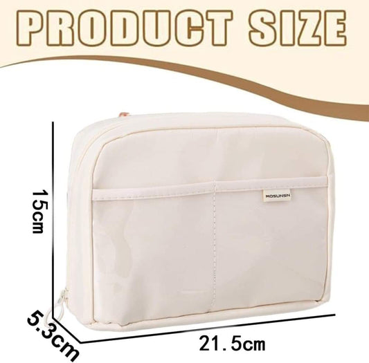 Large white fabric zipper pencil pouch with front panel and molded top