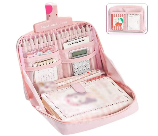 Pink fabric pencil case with compartments and zippered top, open organizer view