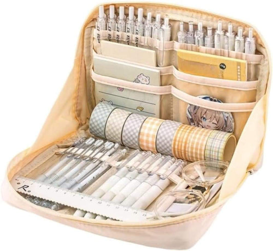 White pencil case with zipper, open top showing multi compartments for pens and stationery