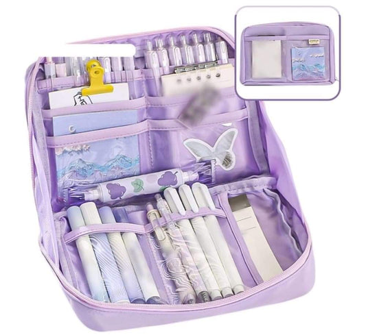 Purple pencil case with zipper, open interior with elastic pen slots and compartments
