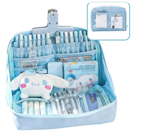 Blue pencil case with zip top, open front packed with stationery and compartments