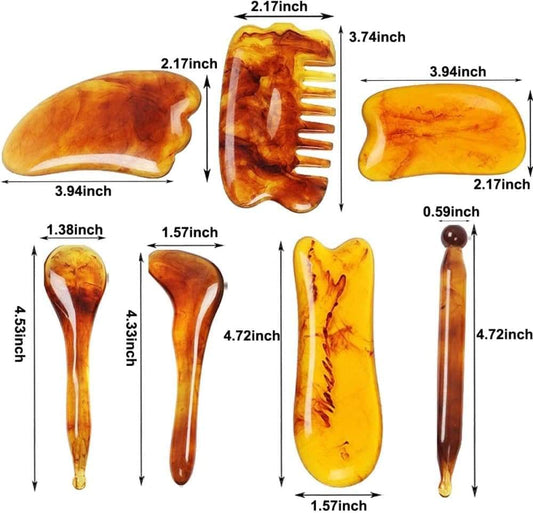 Amber-brown resin gua sha tools shown in multiple shapes and sizes