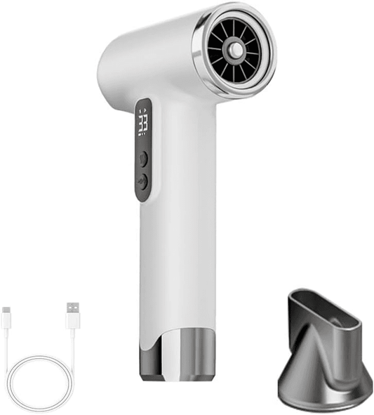 White cordless handheld hair dryer with LED temperature display and concentrator nozzle
