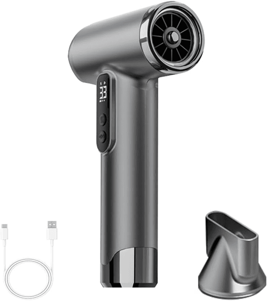 Gray cordless handheld hair dryer with LED display, plus air concentrator stand