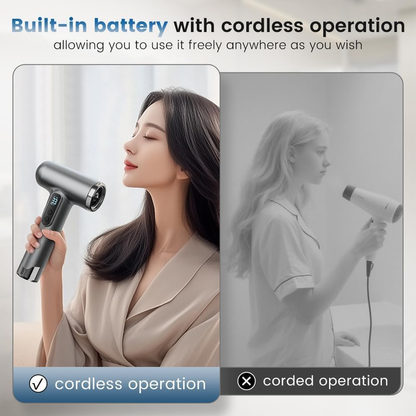 Rechargeable Cordless Handheld Hair Dryer with LED Temperature Display, Portable USB Wireless Mini Blow Dryer for Travel Camping Home Use（Gray）