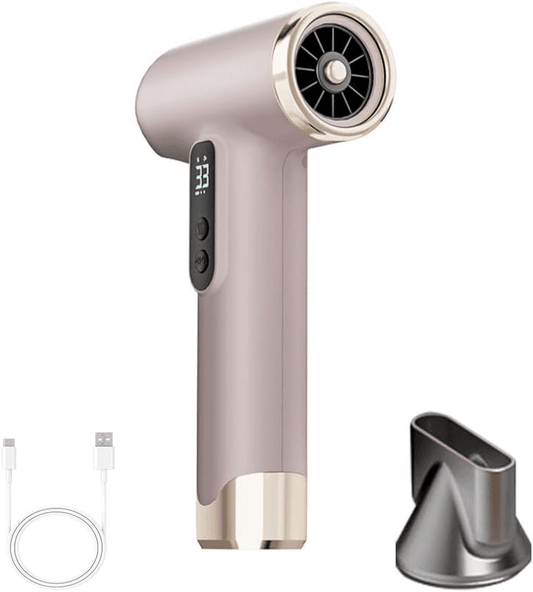 Pink cordless handheld hair dryer with LED temperature display and nozzle intake