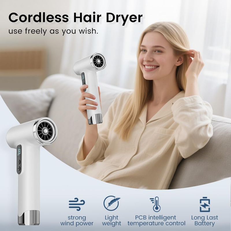 Rechargeable Cordless Handheld Hair Dryer with LED Temperature Display, Portable USB Wireless Mini Blow Dryer for Travel Camping Home Use（Pink）
