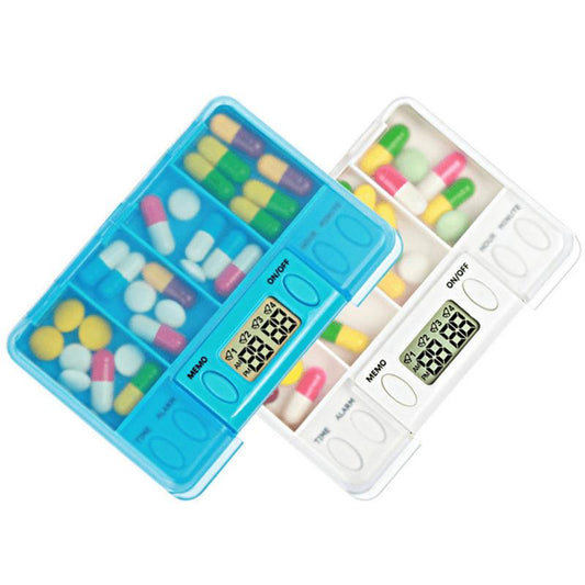 Blue and white portable pill organizer with two timer cases and filled compartments