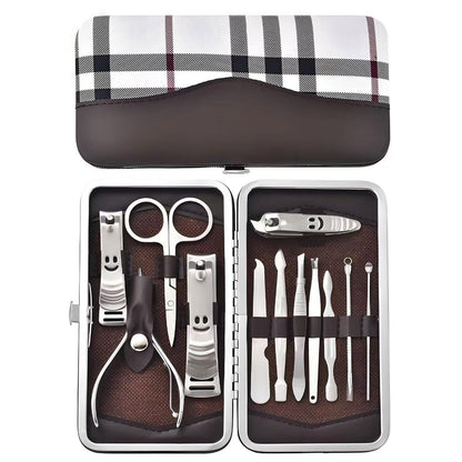 12-Piece Manicure Pedicure Kit, Professional Nail Clipper Grooming Set, White Plaid Case