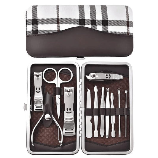 Nail care tool set in white plaid case, with clippers, scissors, and nail file