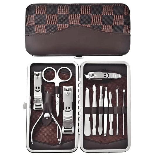 Manicure and pedicure kit case with checkered pattern, containing nail tools and clippers