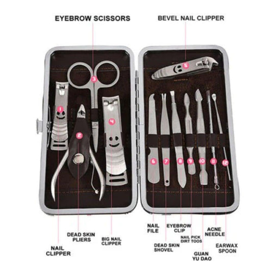 Open manicure kit case with multiple clippers, nail file, and eyebrow scissors