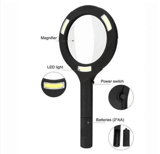 LED magnifying glass with black handle and illuminated ring lens