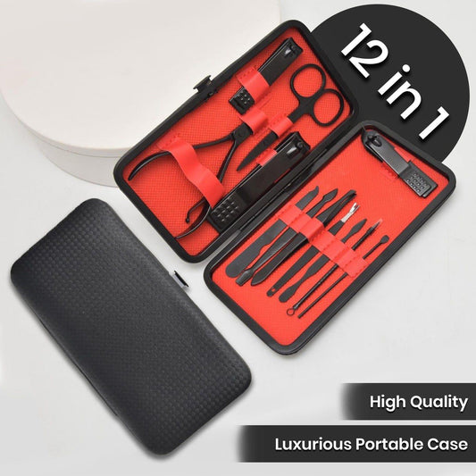 12-piece manicure and pedicure tool set with red case and steel grooming tools