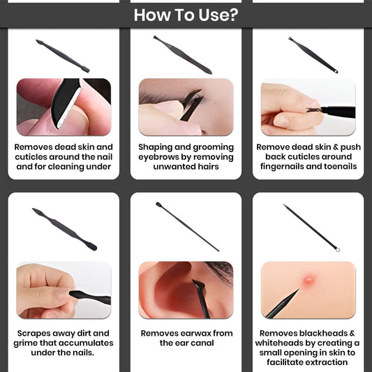 Manicure tool set with slender tips shown for removing and scraping on skin
