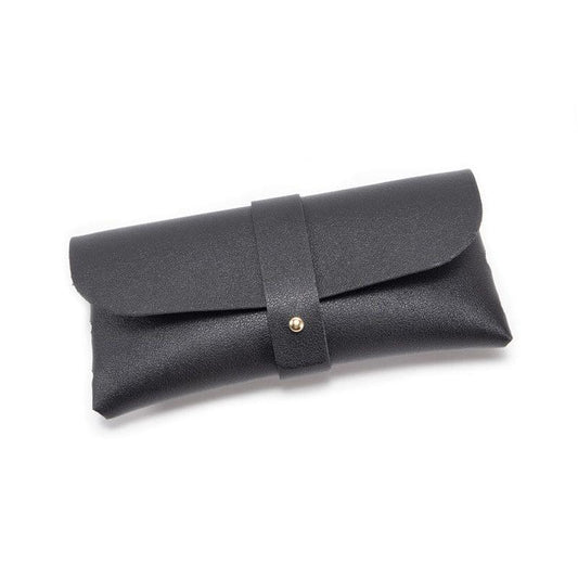 Black PU leather eyeglass case with wrap strap and snap button