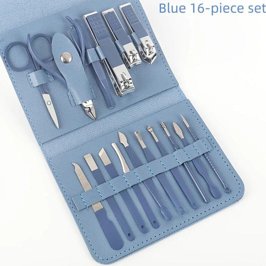 Blue nail care kit in foldable case with clippers, files, scissors, and tools