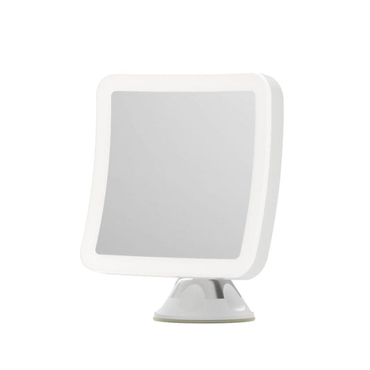 White square LED makeup magnifying mirror with suction-base stand