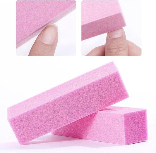 Pink nail buffer block close-up, rectangular side and end views