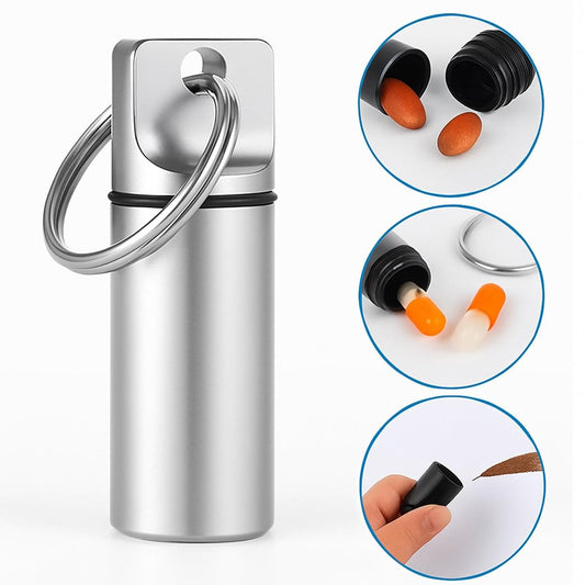 Silver aluminum pill box keychain with keyring loop and snap-top lid