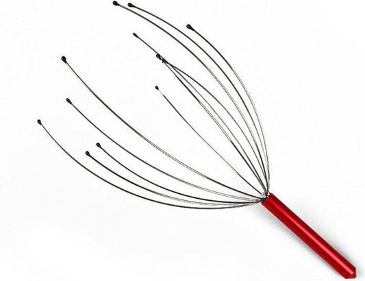 Red manual head massage device with wire prongs fanned from handle.