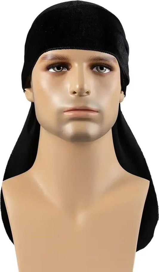 Black silky durag bandana headscarf with long draped sides, snug fit