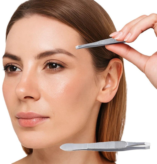 Silver eyebrow tweezers used to shape eyebrow near the temple