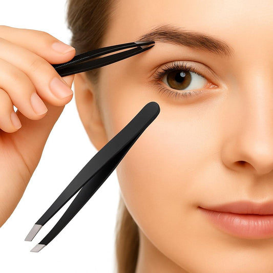 Eyebrow plucking tweezers with black handle and angled stainless steel tips.