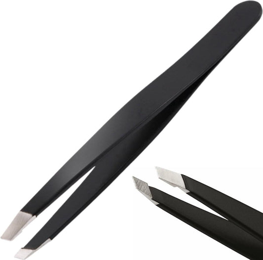Black eyebrow tweezer set with angled metal tips for fine hair plucking.