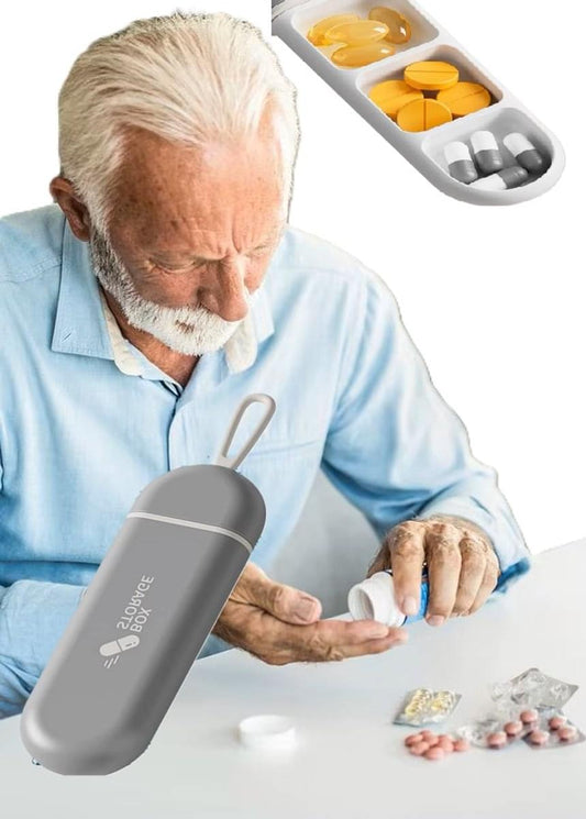 Grey waterproof pill box tube with open 3-compartment lid and hanging hook